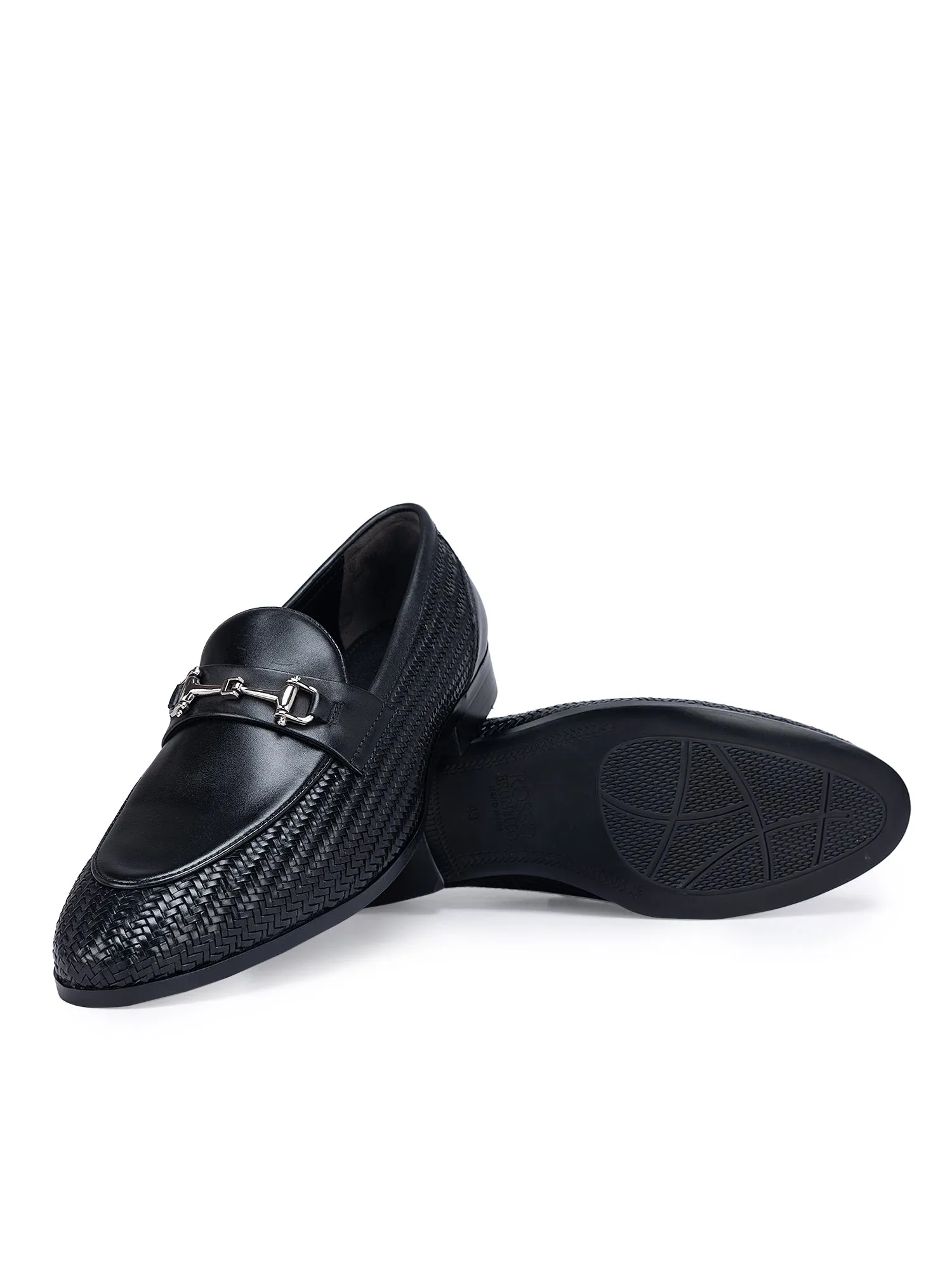 Black Textured Loafers With Buckle