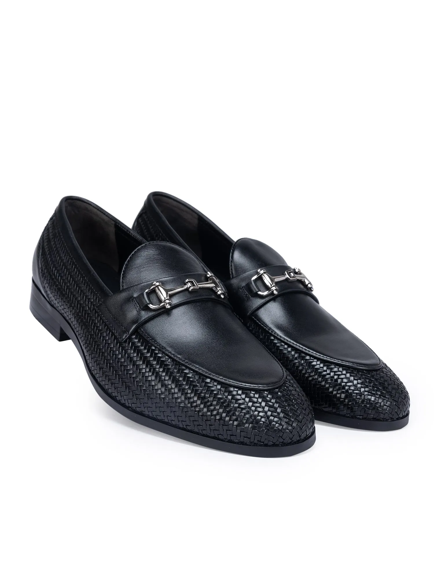 Black Textured Loafers With Buckle