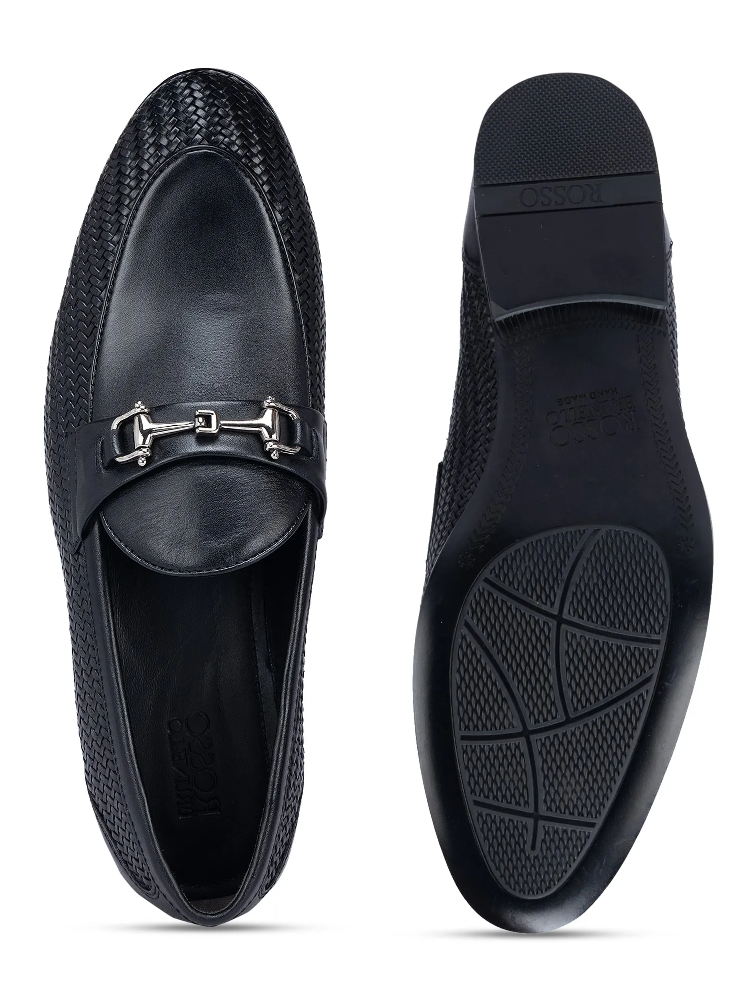 Black Textured Loafers With Buckle