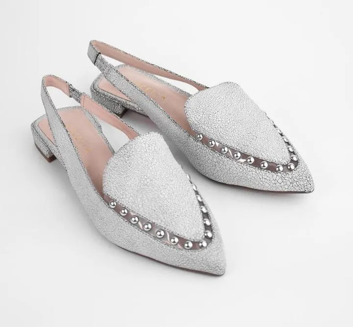Cecelia New York Cleo White Silver Elasticized Slingback Pointed Toe Flats Shoes