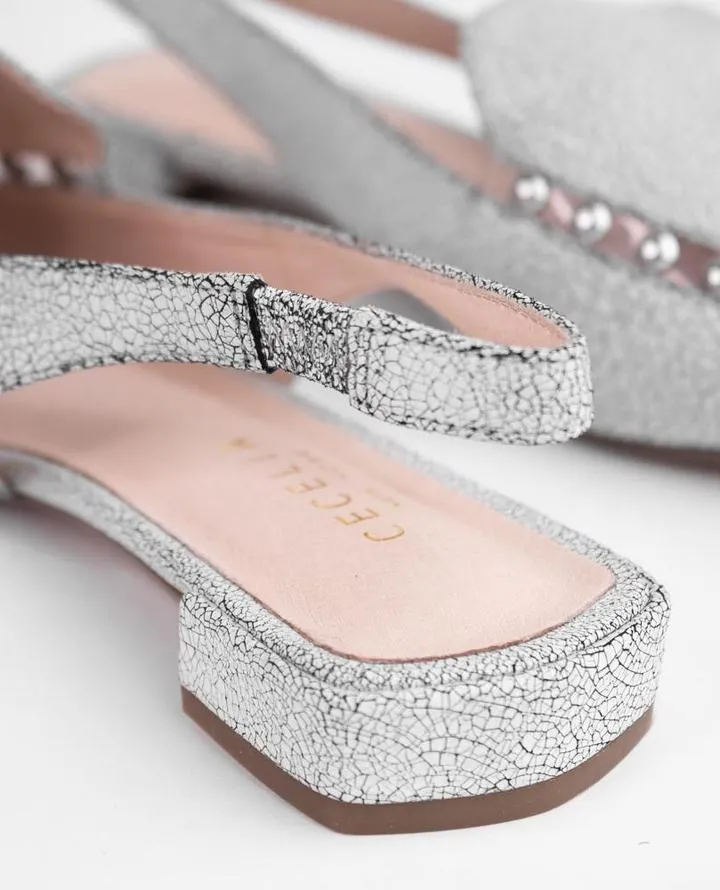 Cecelia New York Cleo White Silver Elasticized Slingback Pointed Toe Flats Shoes