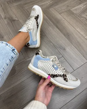 Cetti Laser Cut Trainer with Leopard and Pale Blue Inserts C-848 - Ante-Leo Sahara (C13)