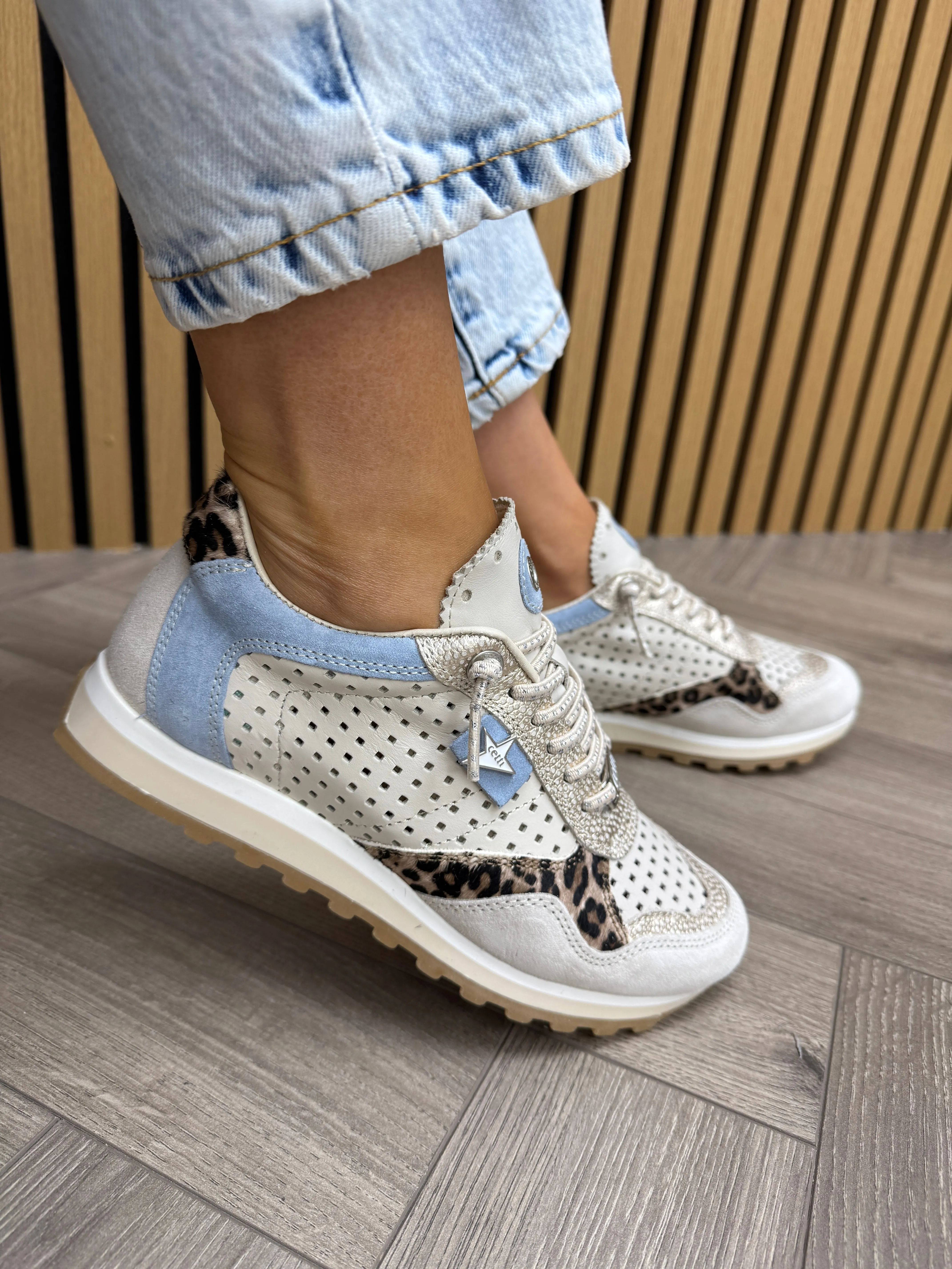 Cetti Laser Cut Trainer with Leopard and Pale Blue Inserts C-848 - Ante-Leo Sahara (C13)