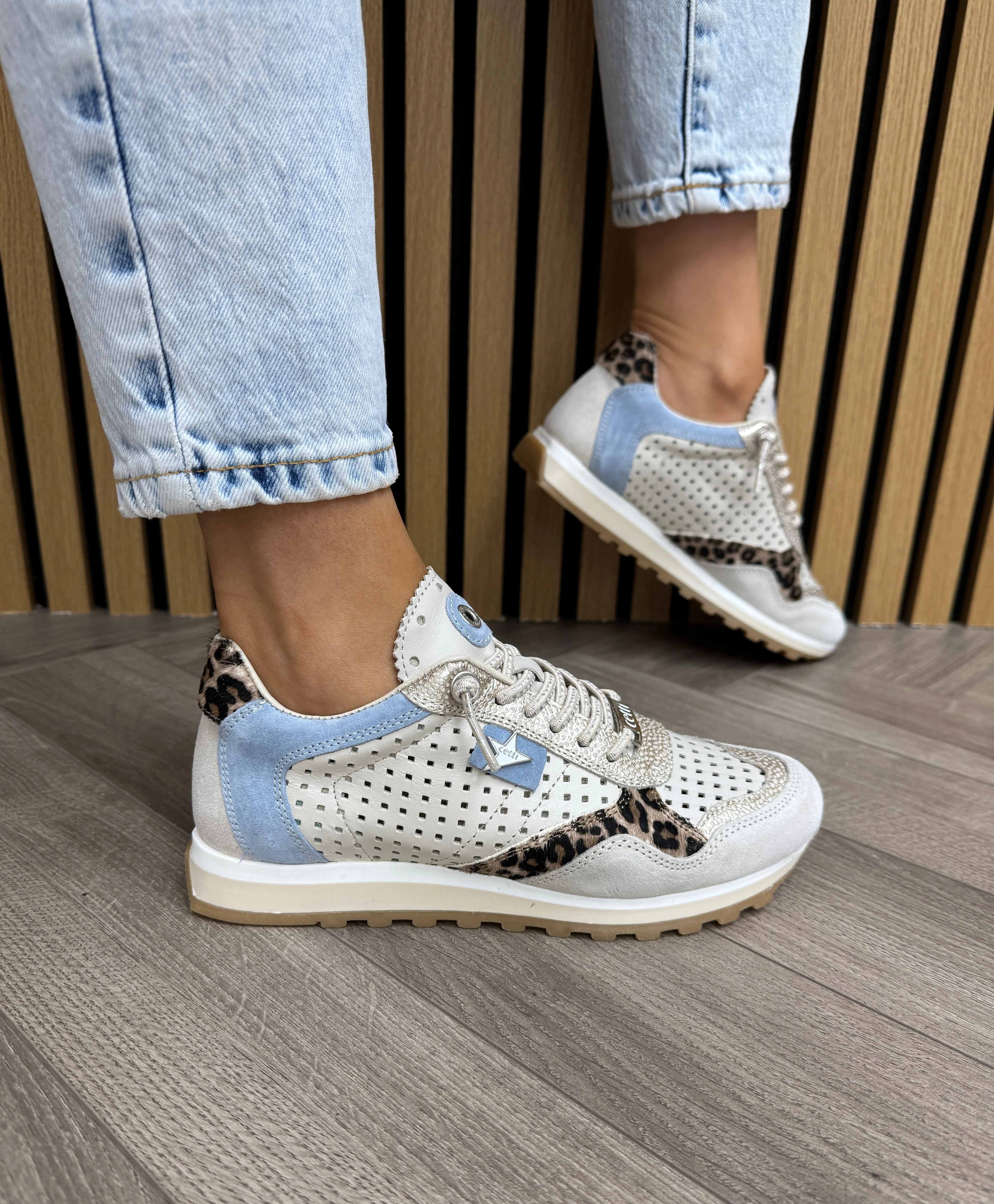 Cetti Laser Cut Trainer with Leopard and Pale Blue Inserts C-848 - Ante-Leo Sahara (C13)