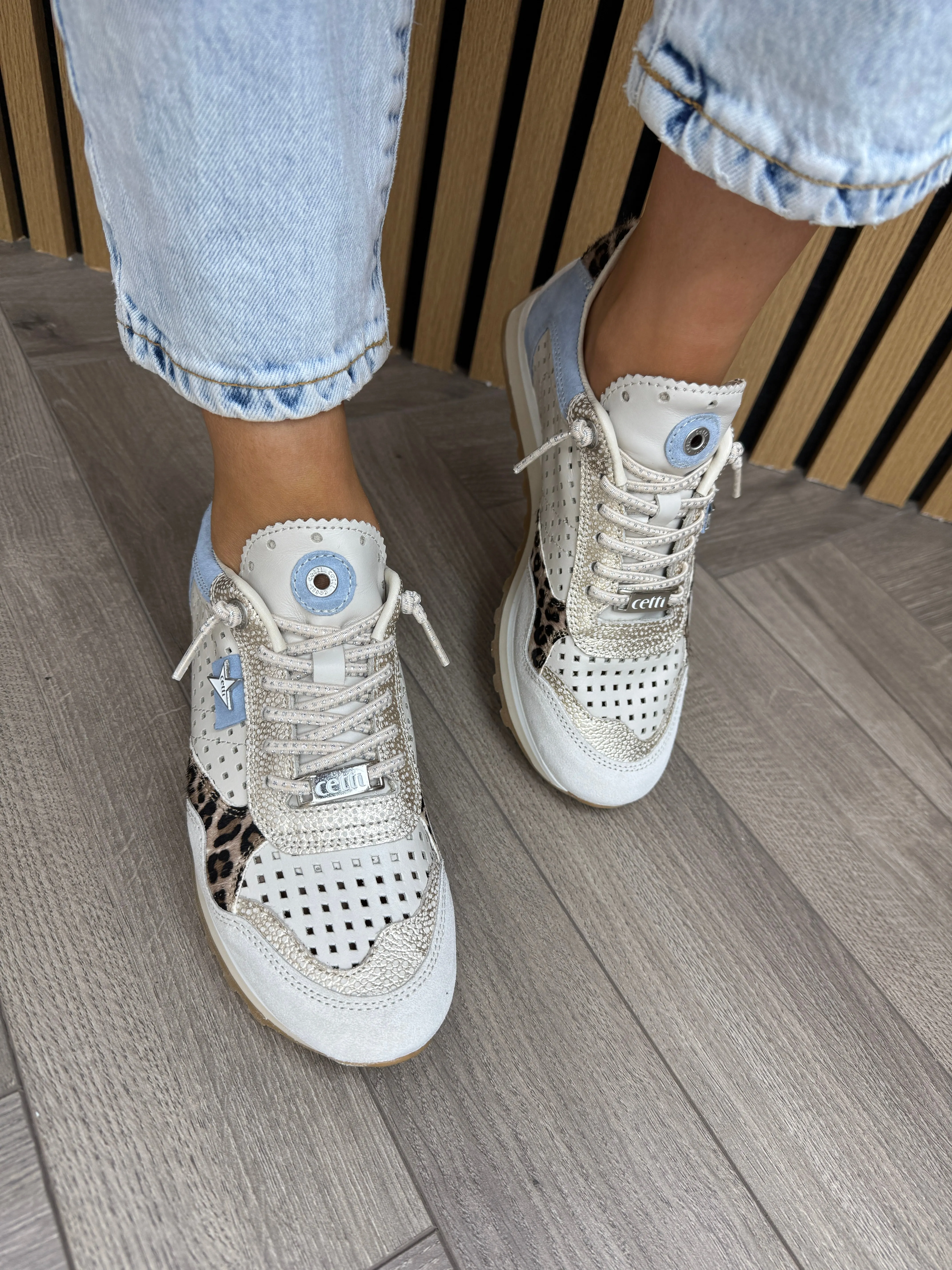 Cetti Laser Cut Trainer with Leopard and Pale Blue Inserts C-848 - Ante-Leo Sahara (C13)