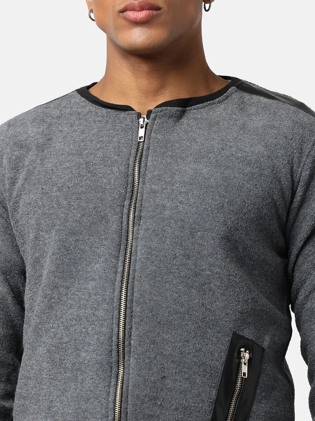 Cotton Solid Charcoal Grey Zip Through Jacket With Zip Pocket Regular Fir