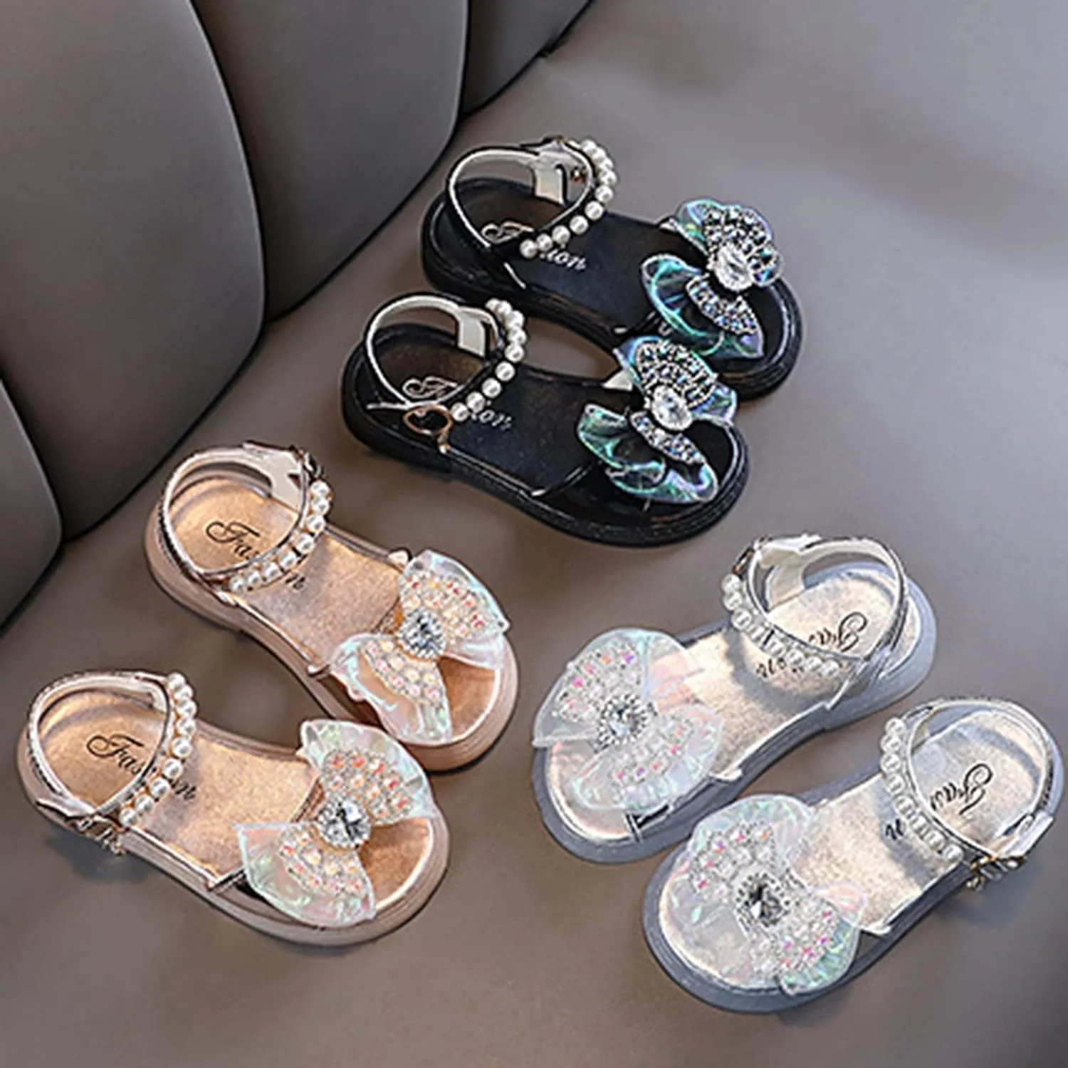 Girls Kids Dress Sandals Bow Beaded Buckle Adjusted Hook Loop Shoes Baby Girl Dance Barefoot Rubber Shoes Fashion Cute