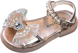 Girls Kids Dress Sandals Bow Beaded Buckle Adjusted Hook Loop Shoes Baby Girl Dance Barefoot Rubber Shoes Fashion Cute