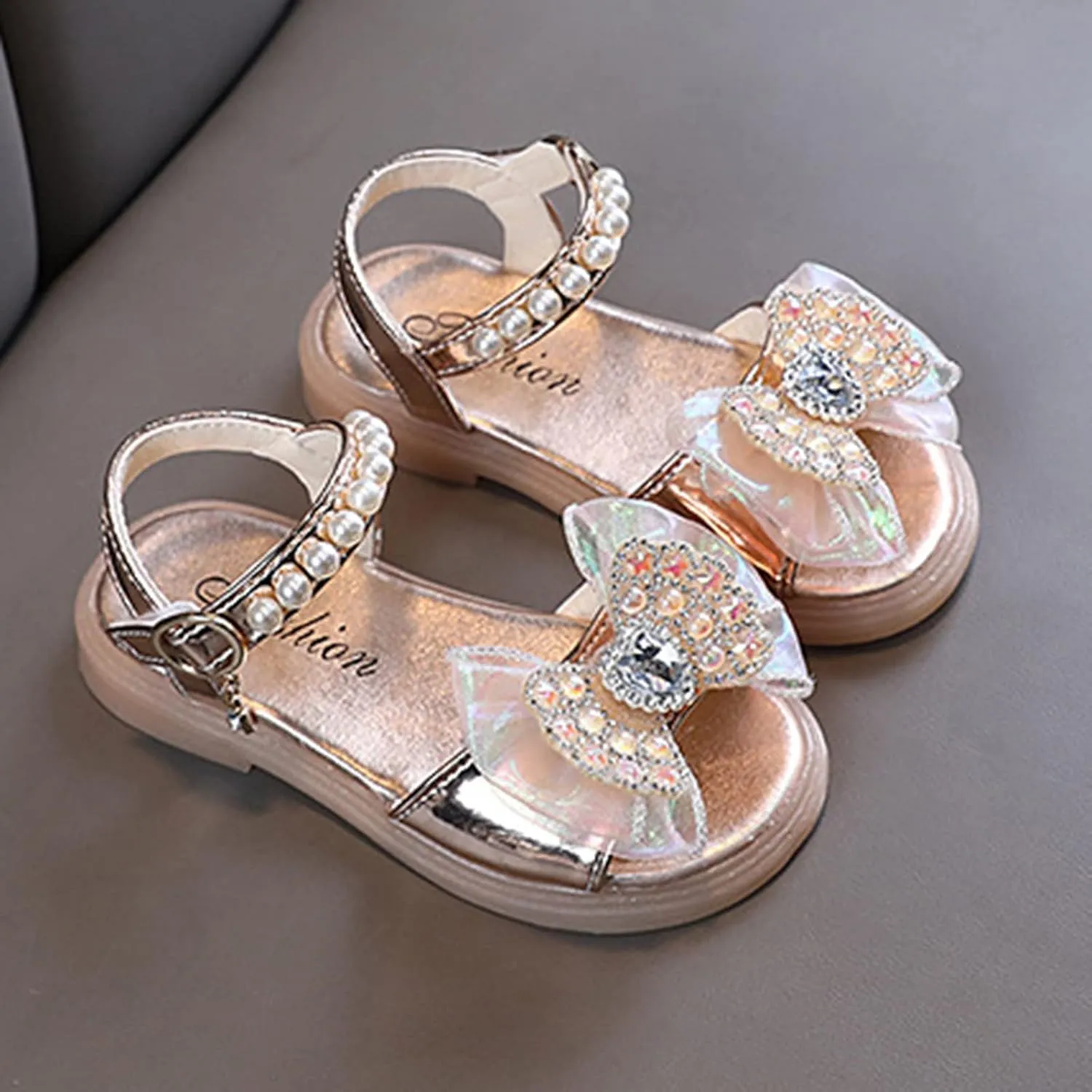 Girls Kids Dress Sandals Bow Beaded Buckle Adjusted Hook Loop Shoes Baby Girl Dance Barefoot Rubber Shoes Fashion Cute