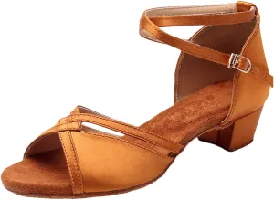 Girls Latin Dance Shoes Low Heels Ballroom Tango Performance Practice Dance Shoes for Little Kids Tan Shoes