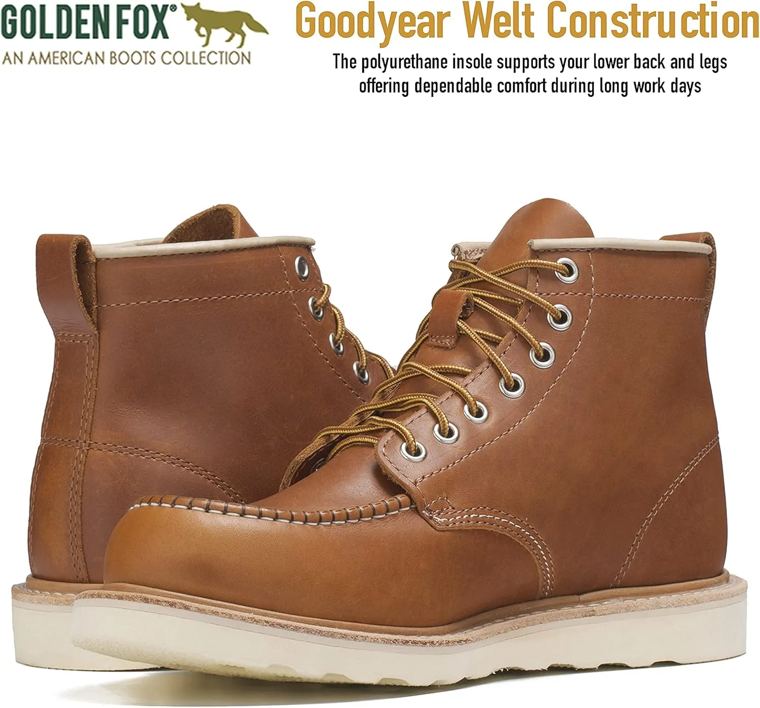 Golden Fox Work Boots 6" American Heritage Moc Toe Wedge Boot for Construction Made in USA