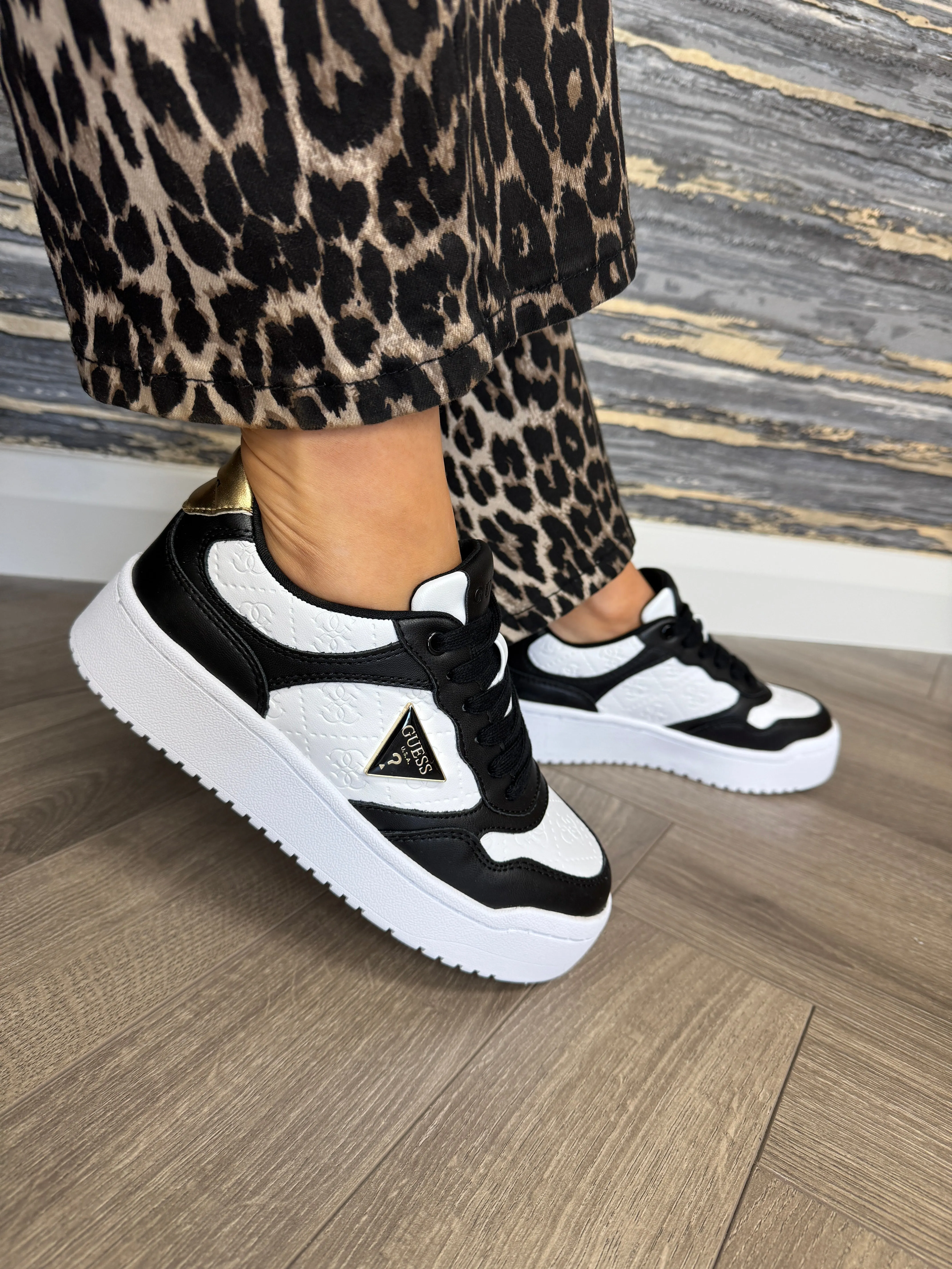 Guess (G24) Platform Trainer with Black Inserts and Gold Heel FLJMI6FAL12 - Blkbr