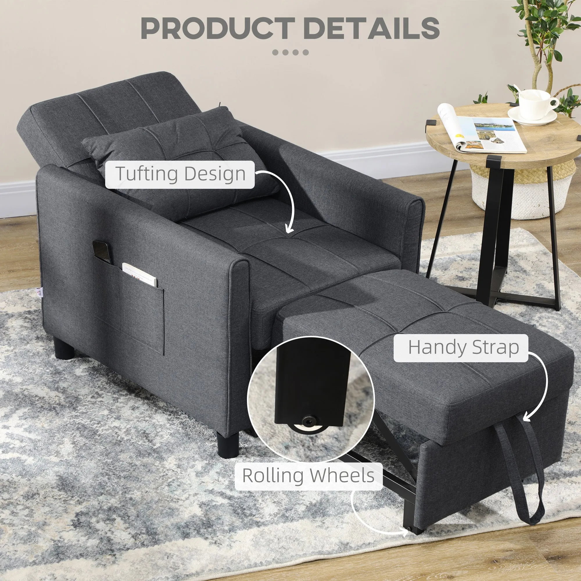 HOMCOM 3 In 1 Pull Out Chair Bed, Convertible Sleeper Chair with Adjustable Backrest, Pillow, Side Pockets for Home Office, Bedroom, Living Room, Grey