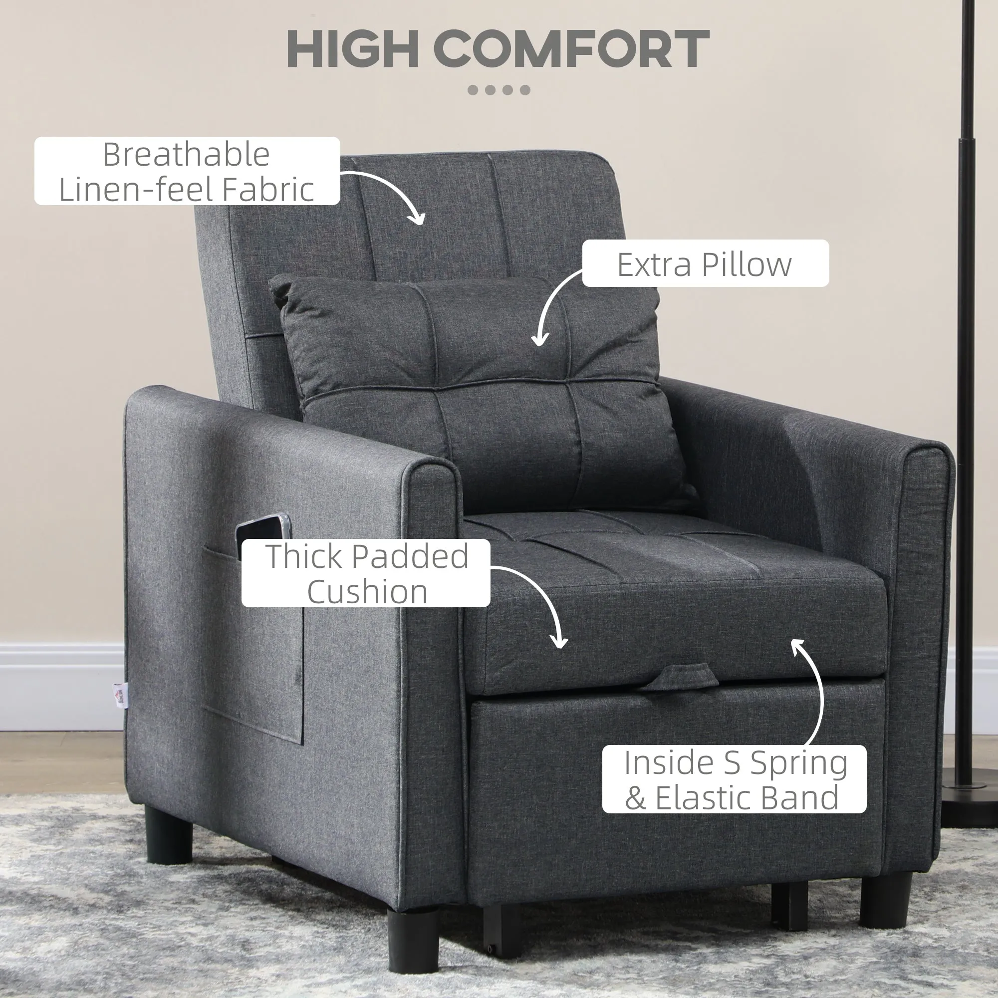 HOMCOM 3 In 1 Pull Out Chair Bed, Convertible Sleeper Chair with Adjustable Backrest, Pillow, Side Pockets for Home Office, Bedroom, Living Room, Grey