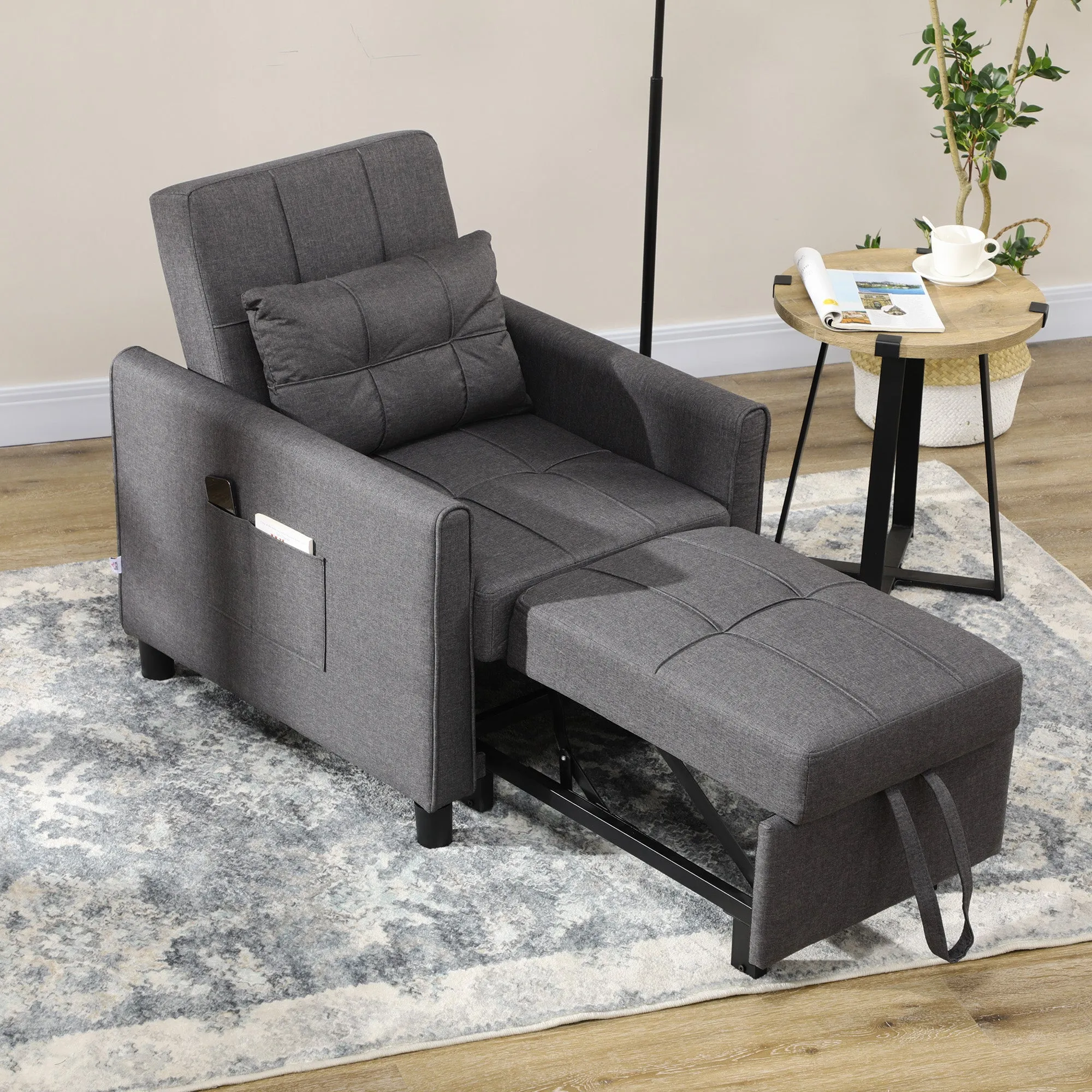 HOMCOM 3 In 1 Pull Out Chair Bed, Convertible Sleeper Chair with Adjustable Backrest, Pillow, Side Pockets for Home Office, Bedroom, Living Room, Grey