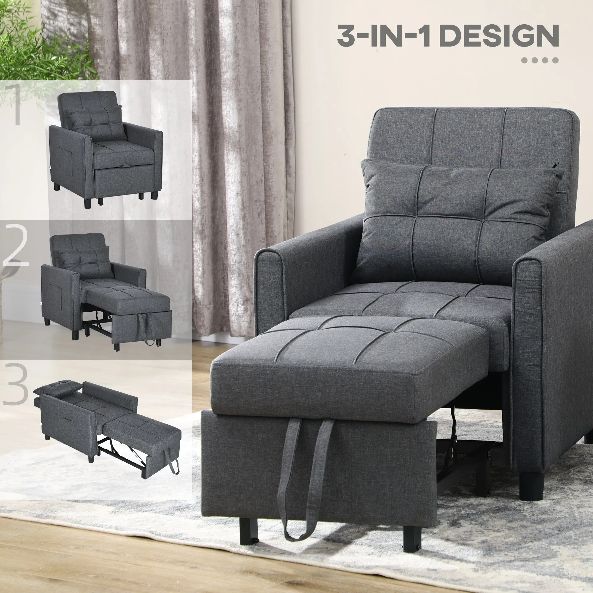 HOMCOM 3 In 1 Pull Out Chair Bed, Convertible Sleeper Chair with Adjustable Backrest, Pillow, Side Pockets for Home Office, Bedroom, Living Room, Grey