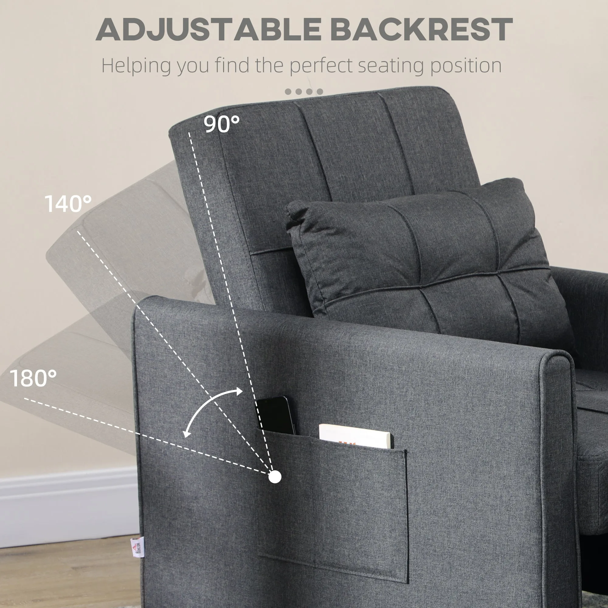 HOMCOM 3 In 1 Pull Out Chair Bed, Convertible Sleeper Chair with Adjustable Backrest, Pillow, Side Pockets for Home Office, Bedroom, Living Room, Grey