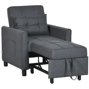 HOMCOM 3 In 1 Pull Out Chair Bed, Convertible Sleeper Chair with Adjustable Backrest, Pillow, Side Pockets for Home Office, Bedroom, Living Room, Grey