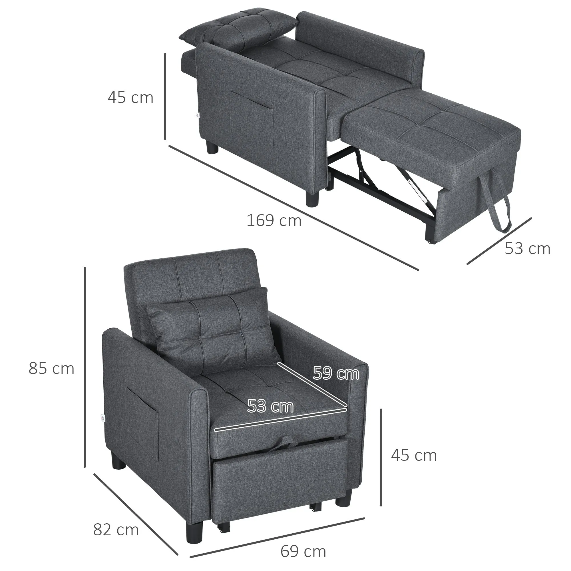 HOMCOM 3 In 1 Pull Out Chair Bed, Convertible Sleeper Chair with Adjustable Backrest, Pillow, Side Pockets for Home Office, Bedroom, Living Room, Grey