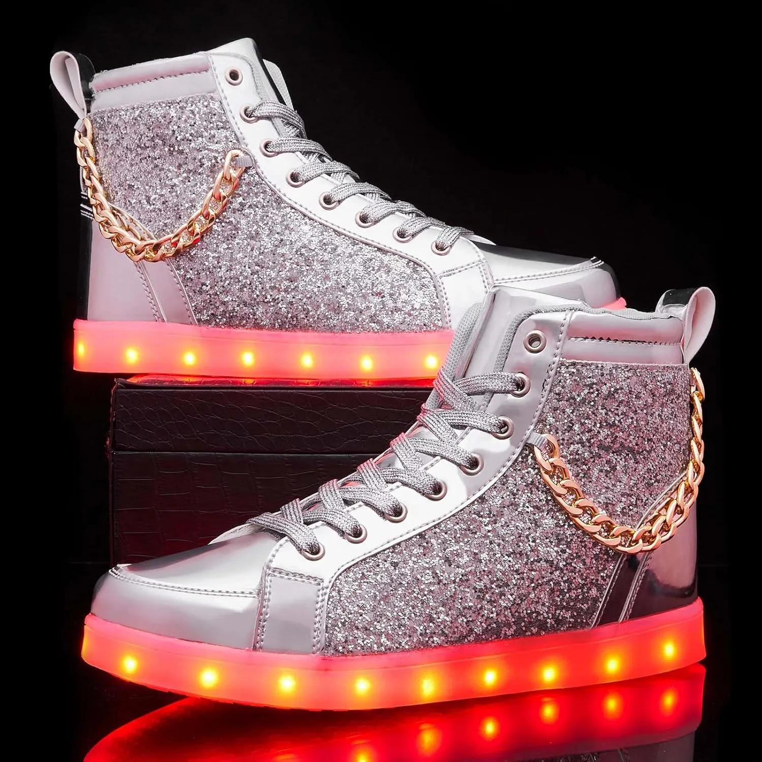 Light Up Shoes Women Men, USB Charging LED Glitter Chain Sneakers High Top Couple Dancing Shoes Halloween Glowing Flashing Luminous Trainers