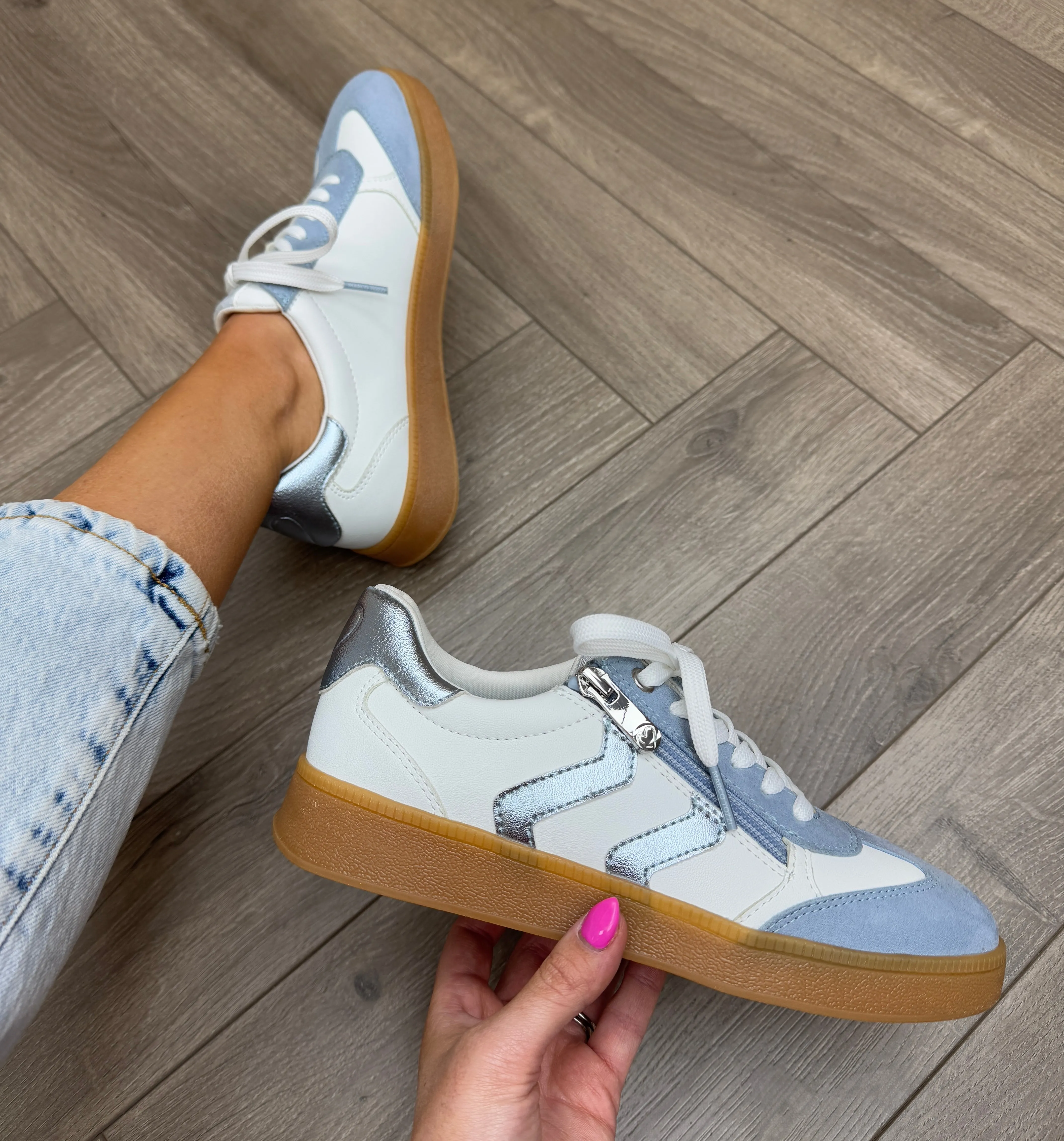 Marco Tozzi Gum Sole Trainer With Metallic Inserts 23739 - White/LT Blue (M31)