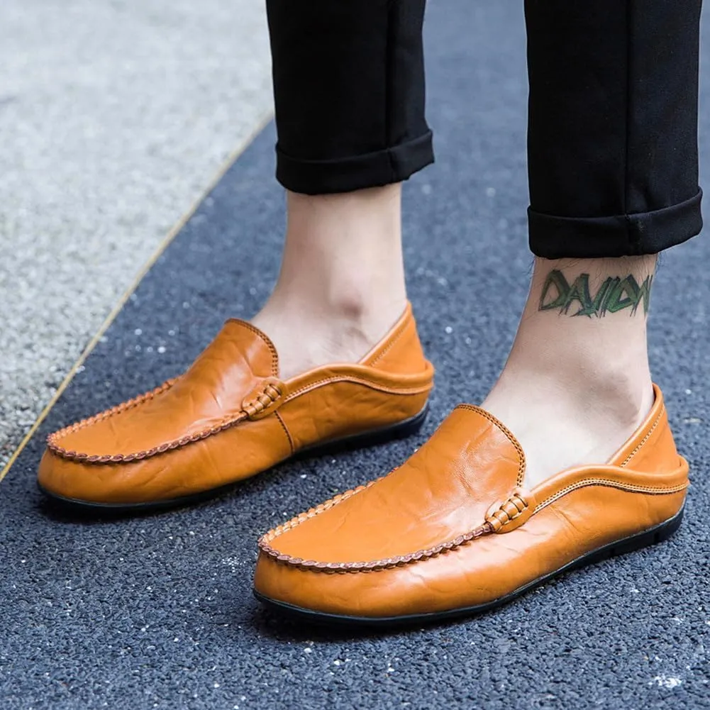 Men's Lightweight Casual Genuine Leather Slip On Soft Driving Walking Shoes Penny Loafer Flats Shoes