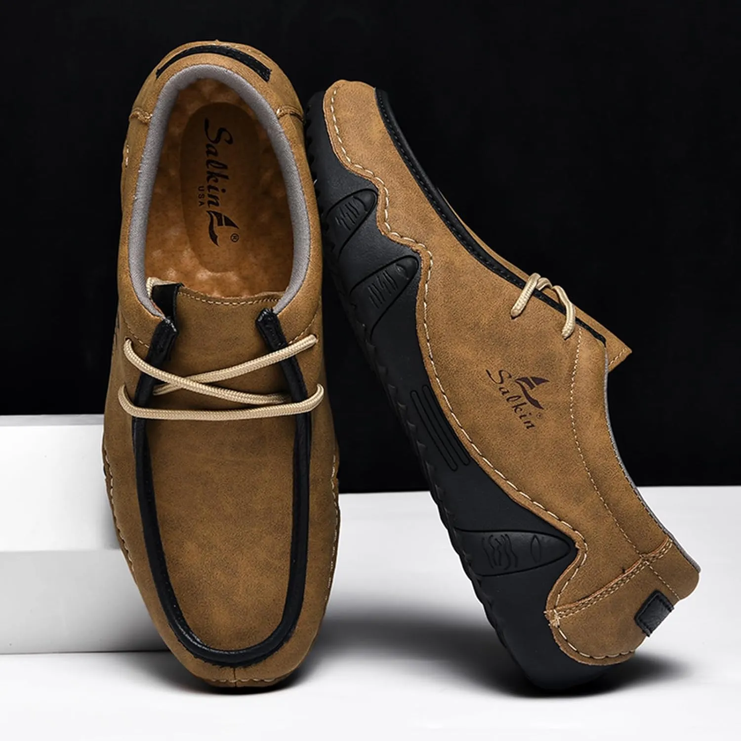 Men's Waterproof Leather Casual Walking Shoes for Hiking Camping & Driving All Season Retro Hand Stitched Round Toe Lace Up Slip on Loafers Comfortable Soft Outdoor Fashion Sneakers