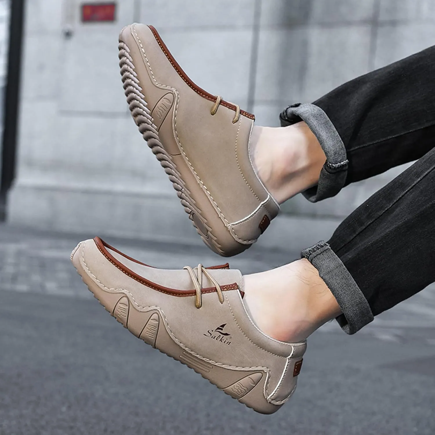 Men's Waterproof Leather Casual Walking Shoes for Hiking Camping & Driving All Season Retro Hand Stitched Round Toe Lace Up Slip on Loafers Comfortable Soft Outdoor Fashion Sneakers