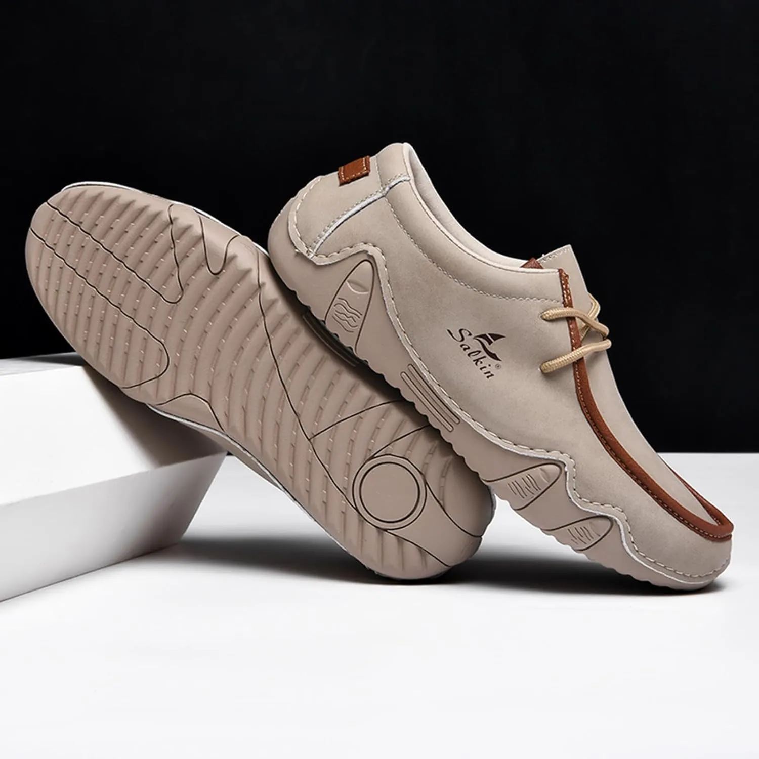 Men's Waterproof Leather Casual Walking Shoes for Hiking Camping & Driving All Season Retro Hand Stitched Round Toe Lace Up Slip on Loafers Comfortable Soft Outdoor Fashion Sneakers