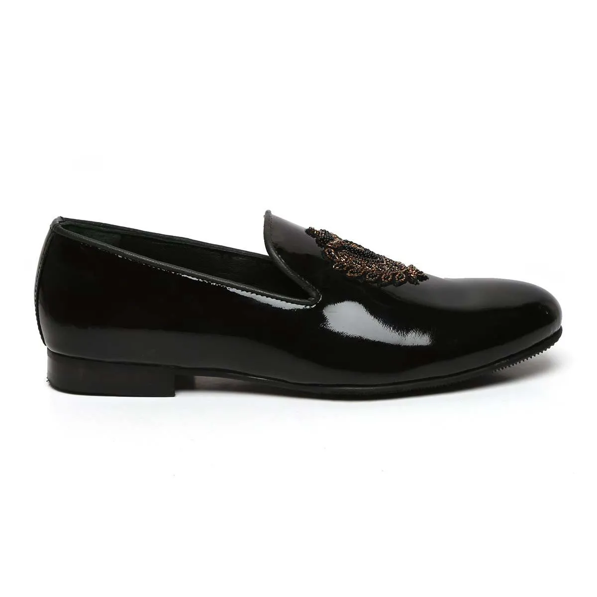 Patent Black Leather Slip-On with Golden Royal Crest Zardosi By Brune & Bareskin