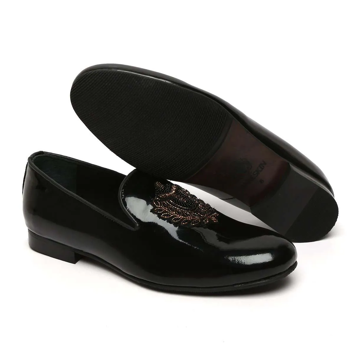 Patent Black Leather Slip-On with Golden Royal Crest Zardosi By Brune & Bareskin