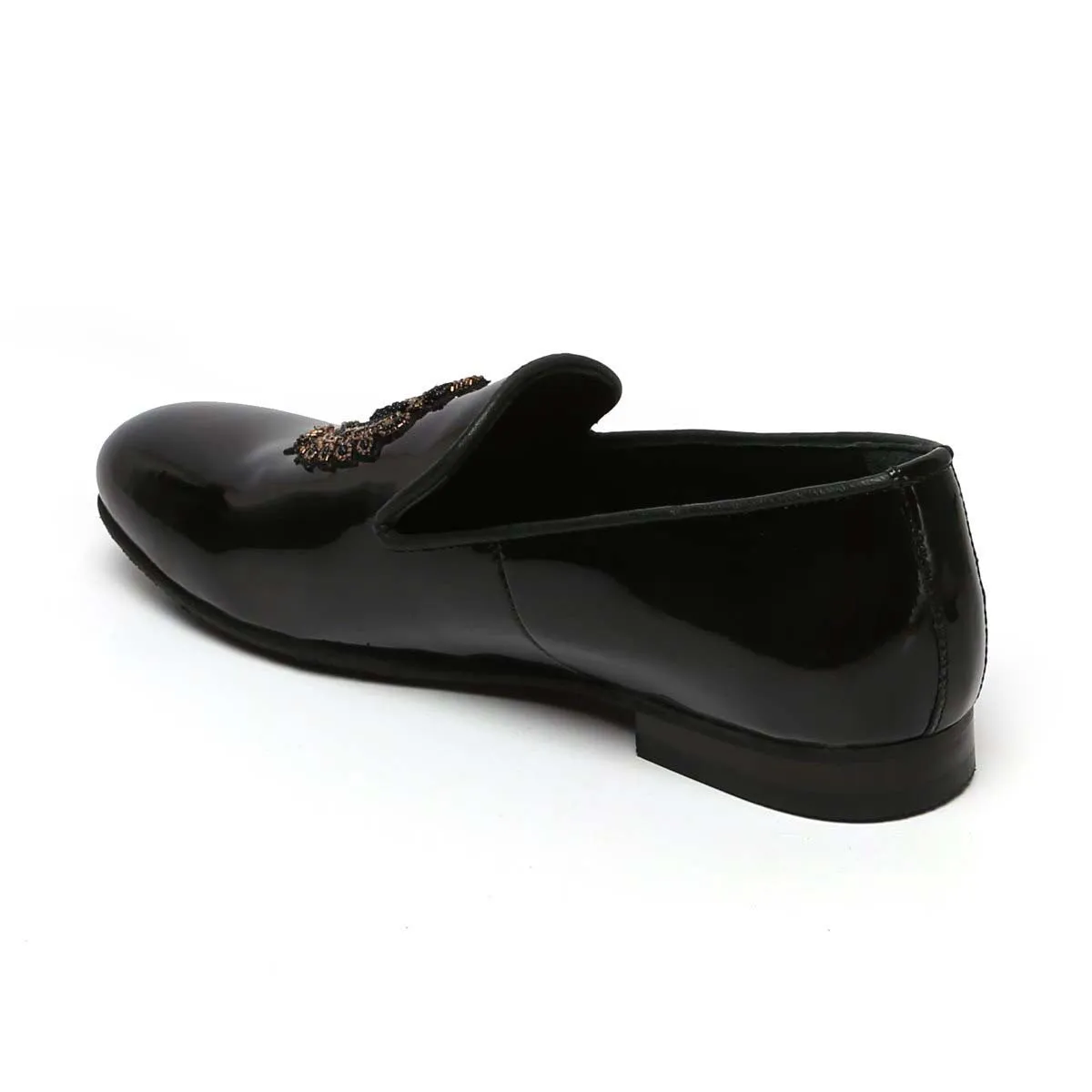 Patent Black Leather Slip-On with Golden Royal Crest Zardosi By Brune & Bareskin