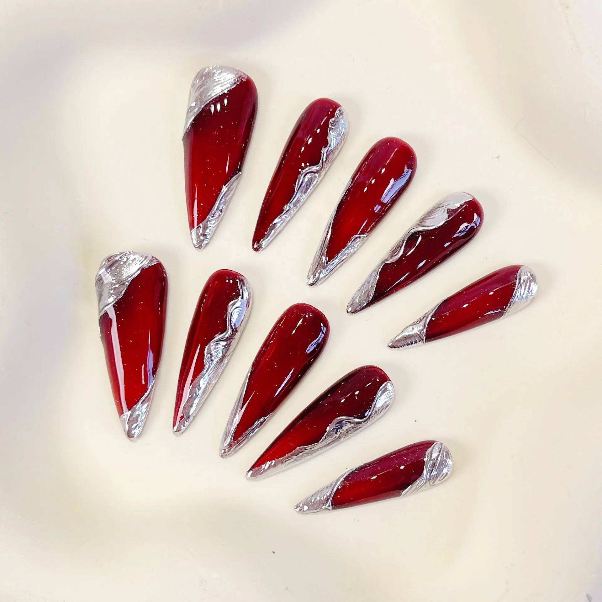 PO069 red silver chrome stiletto press on nails