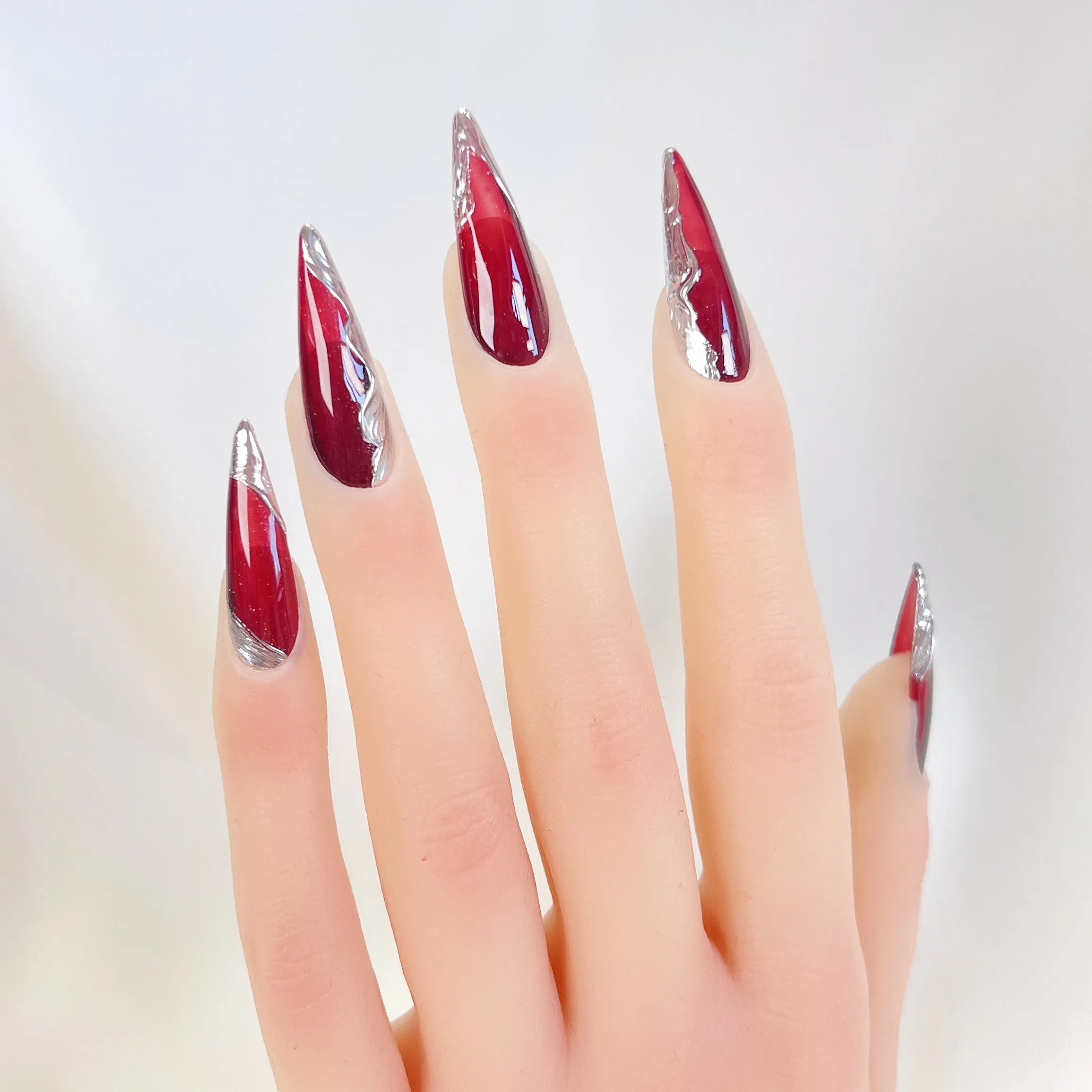 PO069 red silver chrome stiletto press on nails