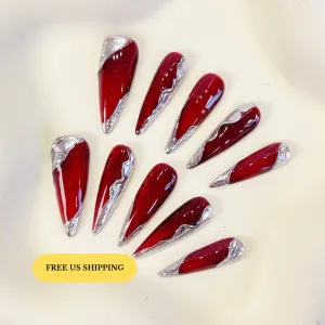 PO069 red silver chrome stiletto press on nails
