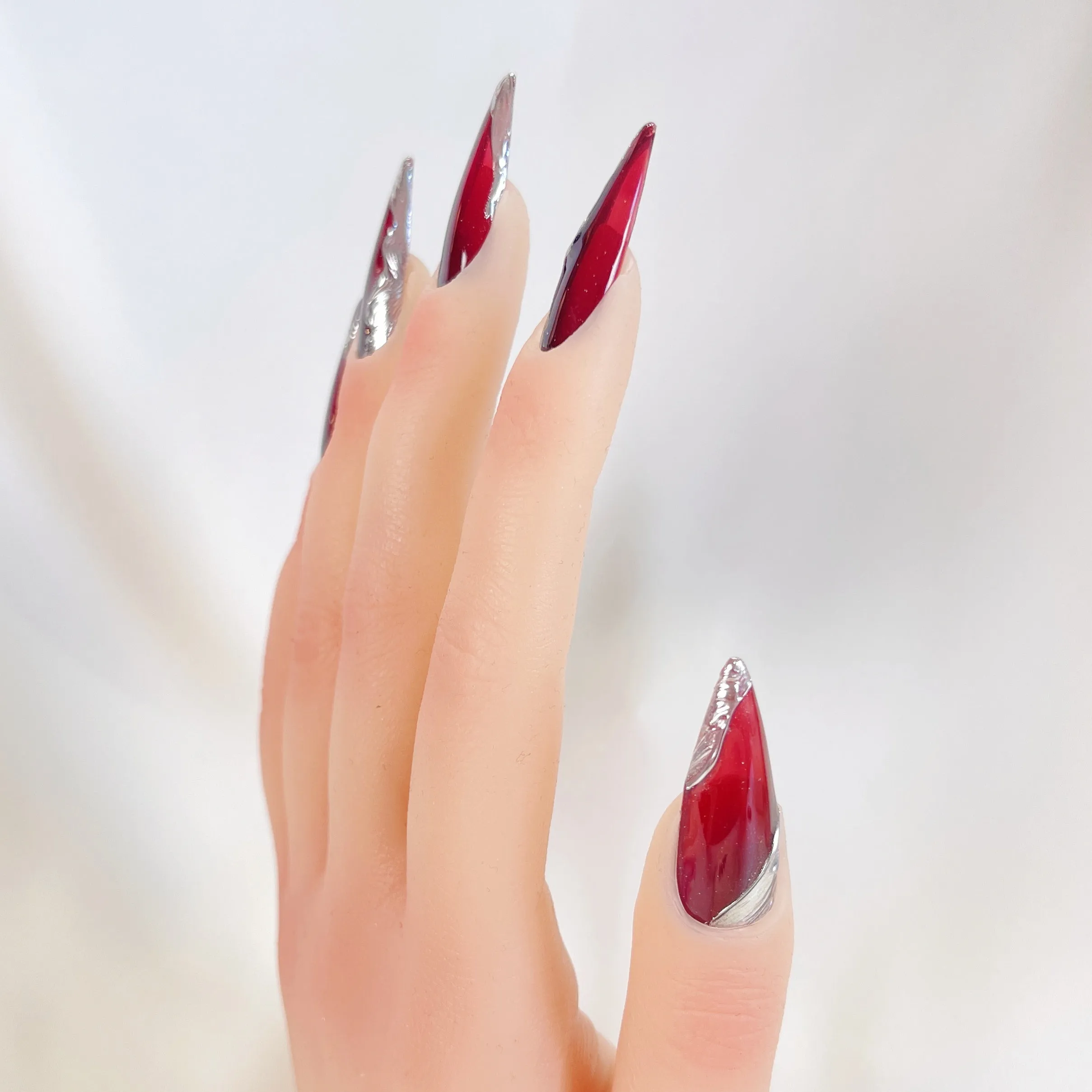 PO069 red silver chrome stiletto press on nails