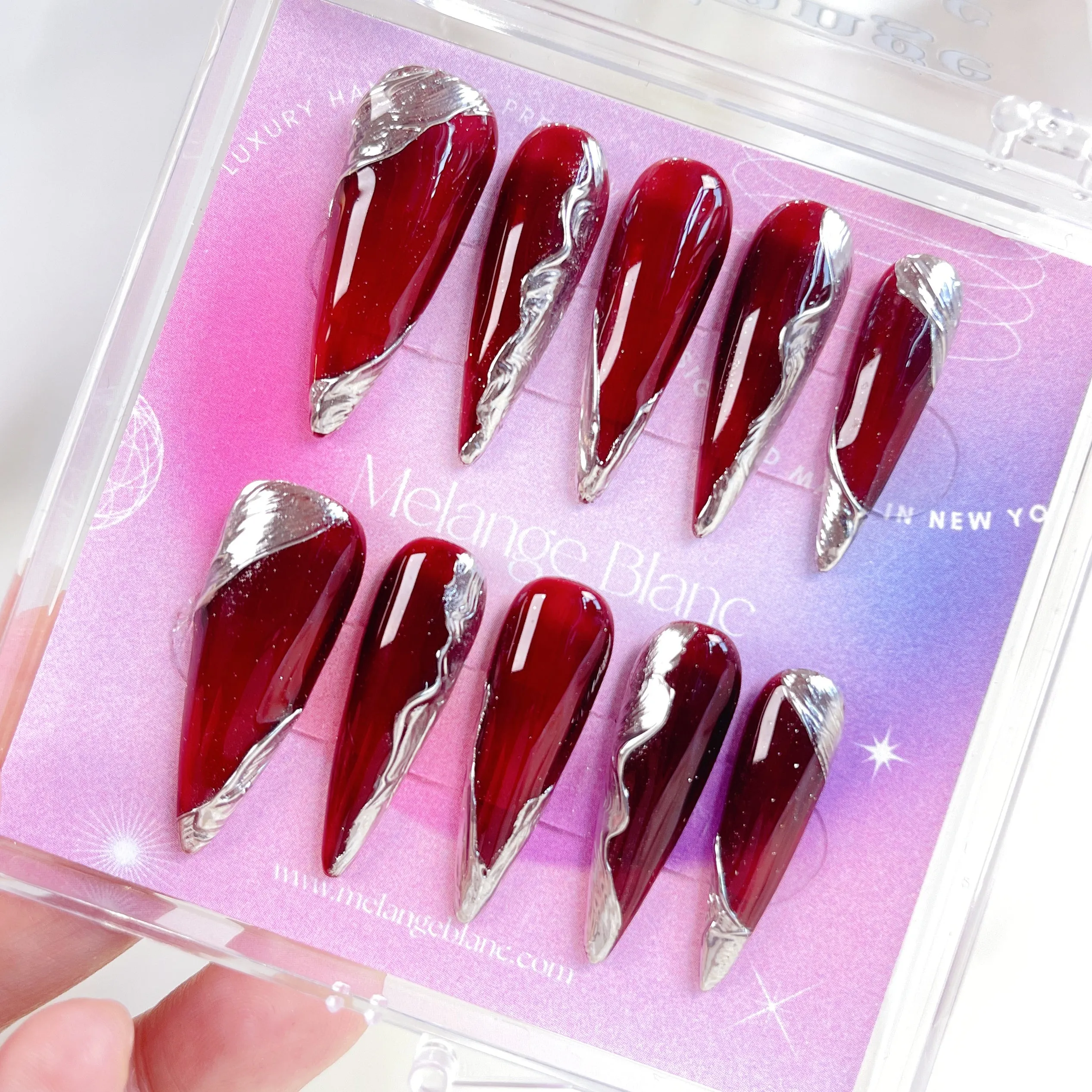 PO069 red silver chrome stiletto press on nails