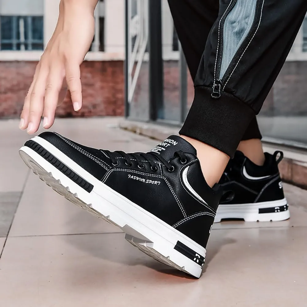 Sports Shoes Men's Mid Top Fashion Lace up Walking Shoes Casual Classic Waterproof Leather Flat Bottom Commute Black White Student