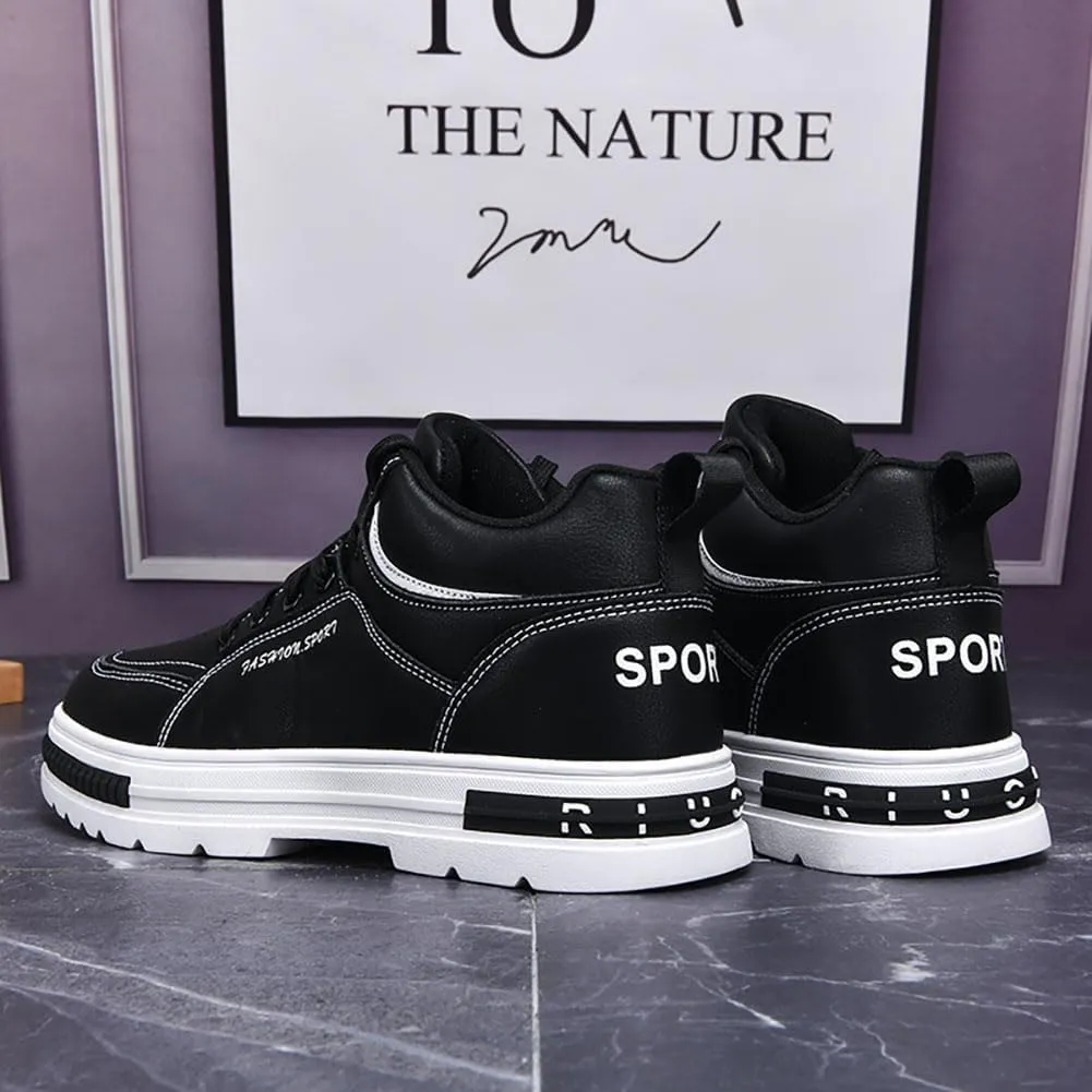 Sports Shoes Men's Mid Top Fashion Lace up Walking Shoes Casual Classic Waterproof Leather Flat Bottom Commute Black White Student