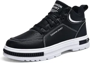 Sports Shoes Men's Mid Top Fashion Lace up Walking Shoes Casual Classic Waterproof Leather Flat Bottom Commute Black White Student