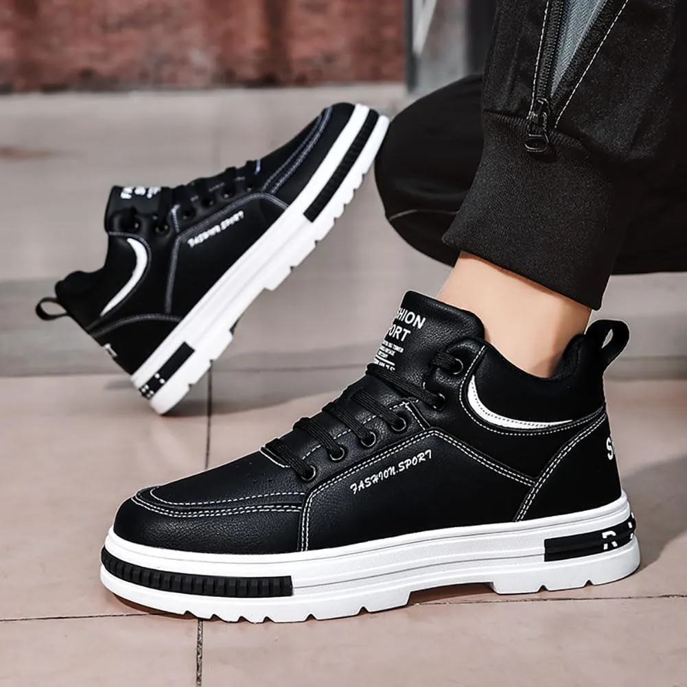 Sports Shoes Men's Mid Top Fashion Lace up Walking Shoes Casual Classic Waterproof Leather Flat Bottom Commute Black White Student