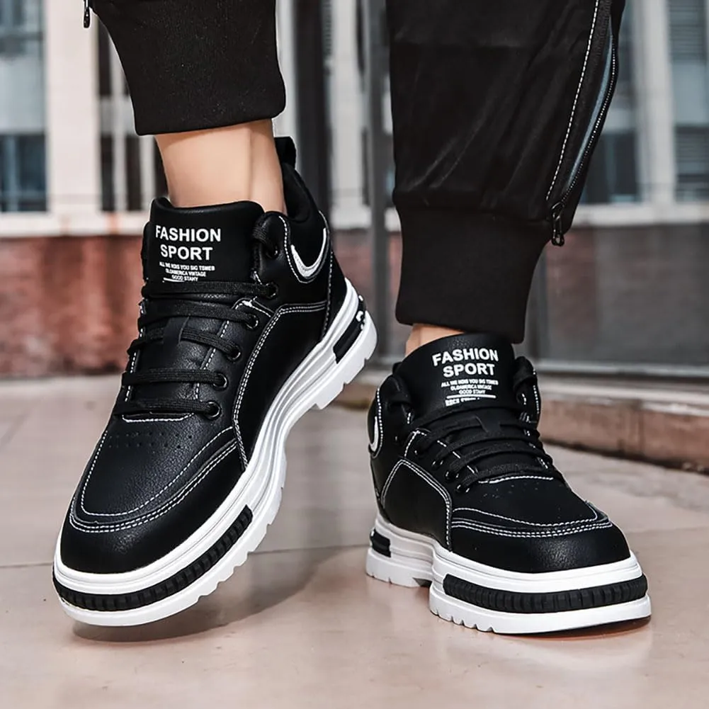 Sports Shoes Men's Mid Top Fashion Lace up Walking Shoes Casual Classic Waterproof Leather Flat Bottom Commute Black White Student