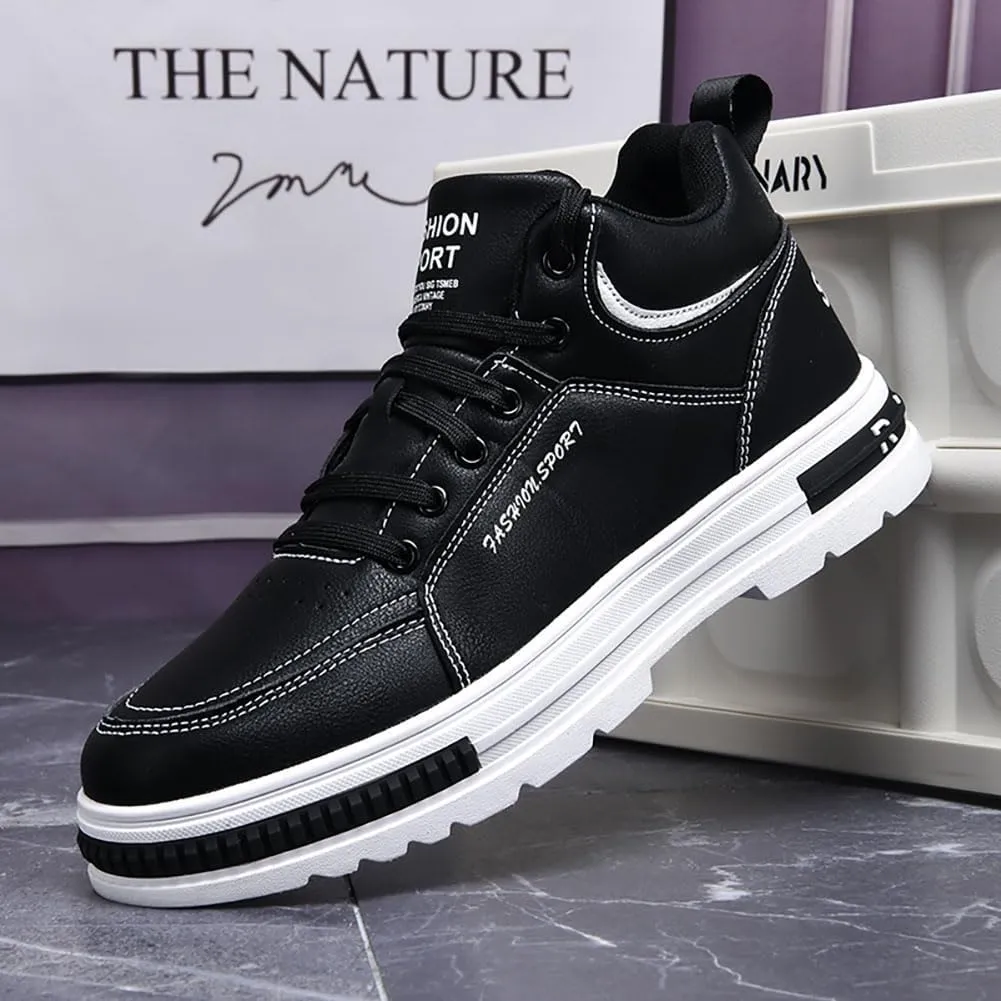 Sports Shoes Men's Mid Top Fashion Lace up Walking Shoes Casual Classic Waterproof Leather Flat Bottom Commute Black White Student