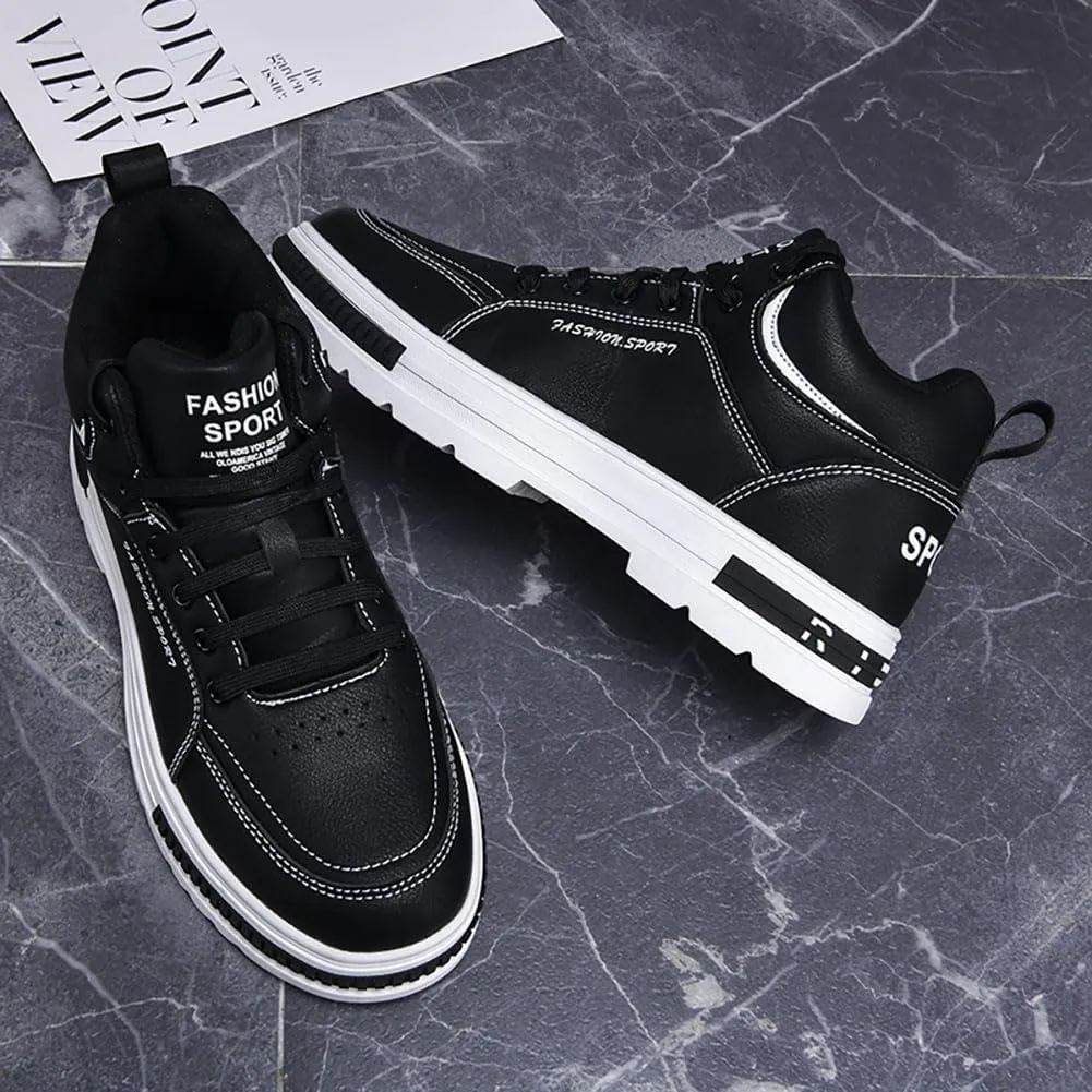 Sports Shoes Men's Mid Top Fashion Lace up Walking Shoes Casual Classic Waterproof Leather Flat Bottom Commute Black White Student