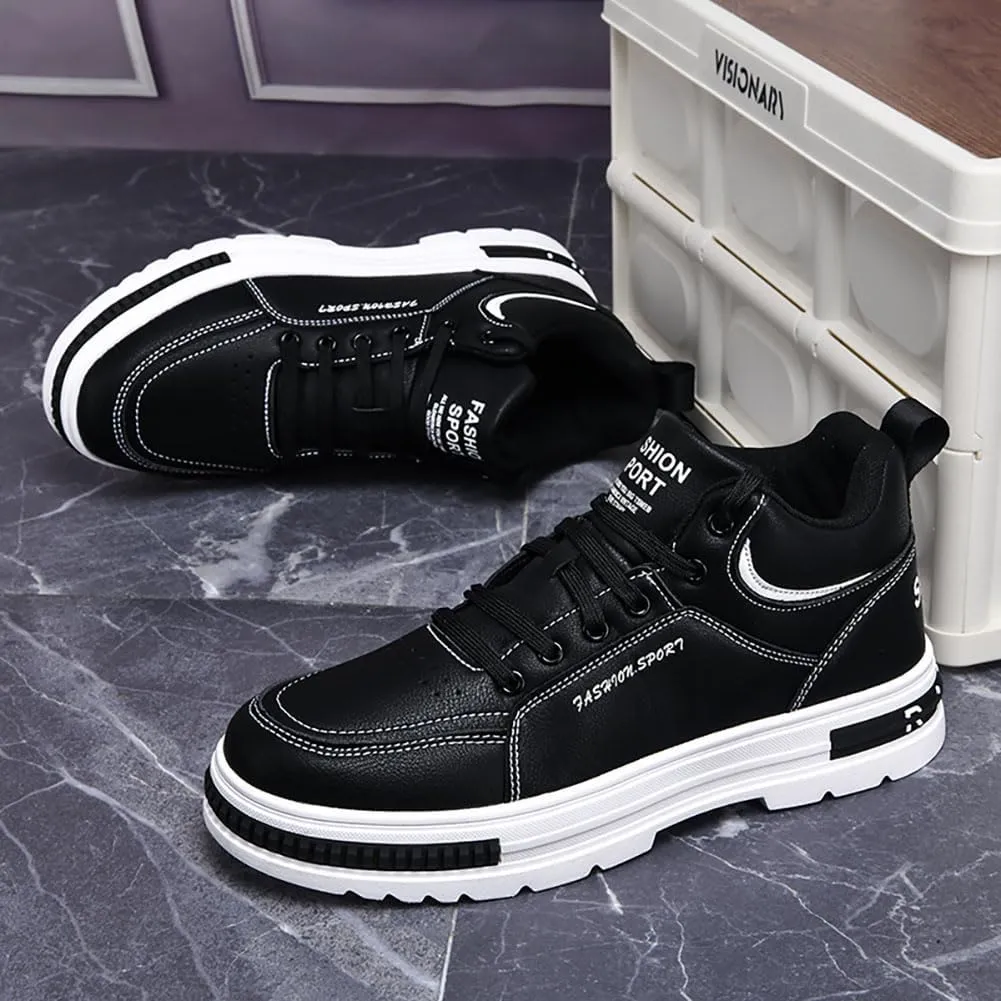 Sports Shoes Men's Mid Top Fashion Lace up Walking Shoes Casual Classic Waterproof Leather Flat Bottom Commute Black White Student