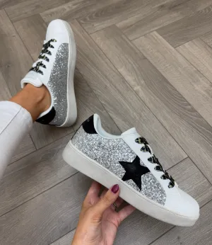 Teddy Smith (SS25) Glitter Lace Up Trainer With Black Star 120151 - Plata (TS9)