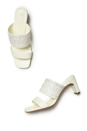 W Embroidered White Square Toe Sleek Block