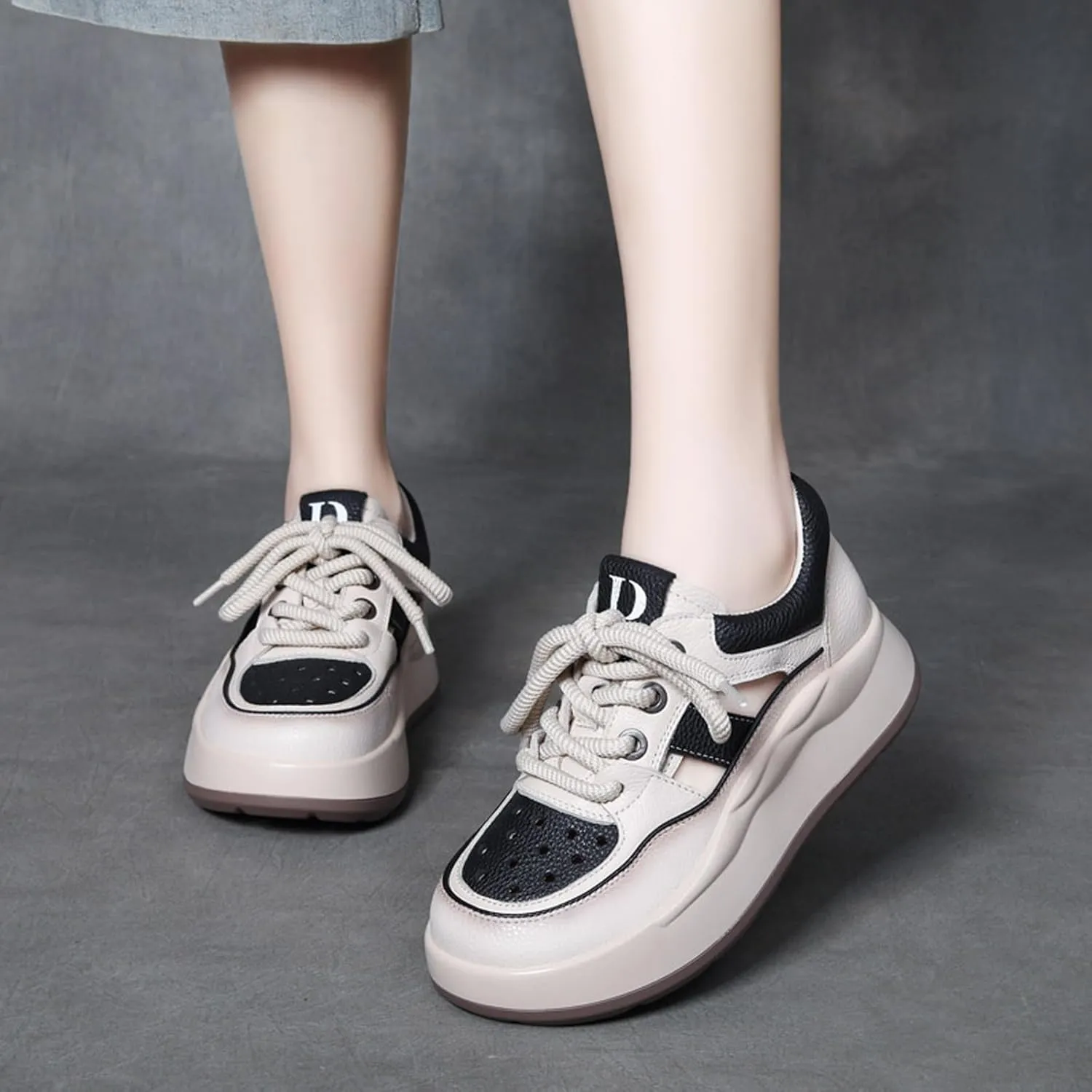 Women's Genuine Leather Platform Hollow Fashion Sneakers,Breathable Comfortable Lace-Up Dad Sneakers,Summer Outdoor Casual Workout Sport Non-Slip Walking Shoes