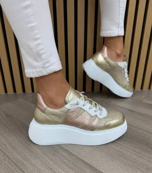 Wonders (SS25) Elevated Trainer with Elastic Laces A-3622 - Max Platino/Meshmetal Oro (W37)